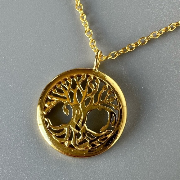 14k Gold Vermeil Round Tree Pendant Necklace - Picture 10 of 10